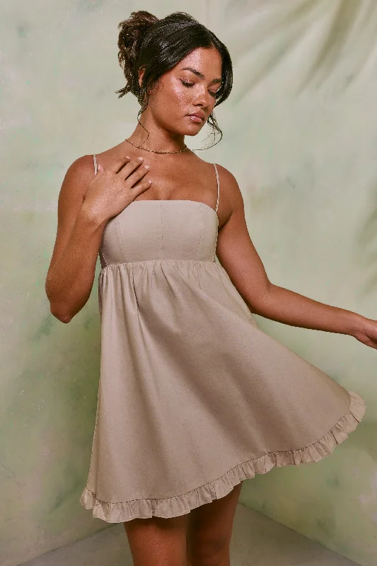 Empire Waist Cotton A-Line Mini Dress in Sand