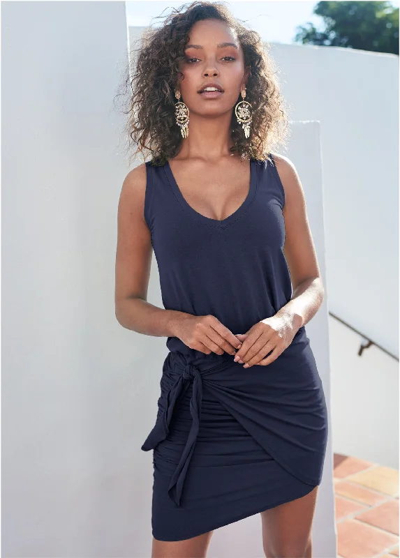 Vneck Side Wrap Mini Dress - Navy